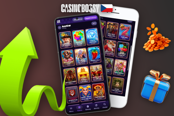 Domovská obrazovka aplikace Bossy Casino s tmavým rozhraním a navigací